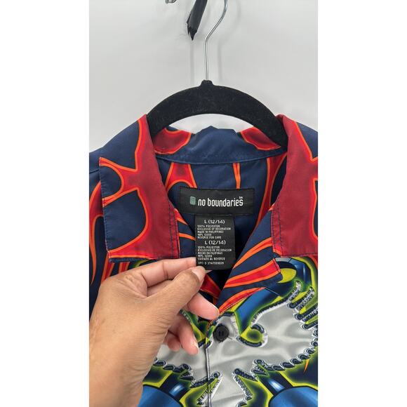 No Boundaries blue orange flames pistons short sleeve button down size L - Picture 3 of 4